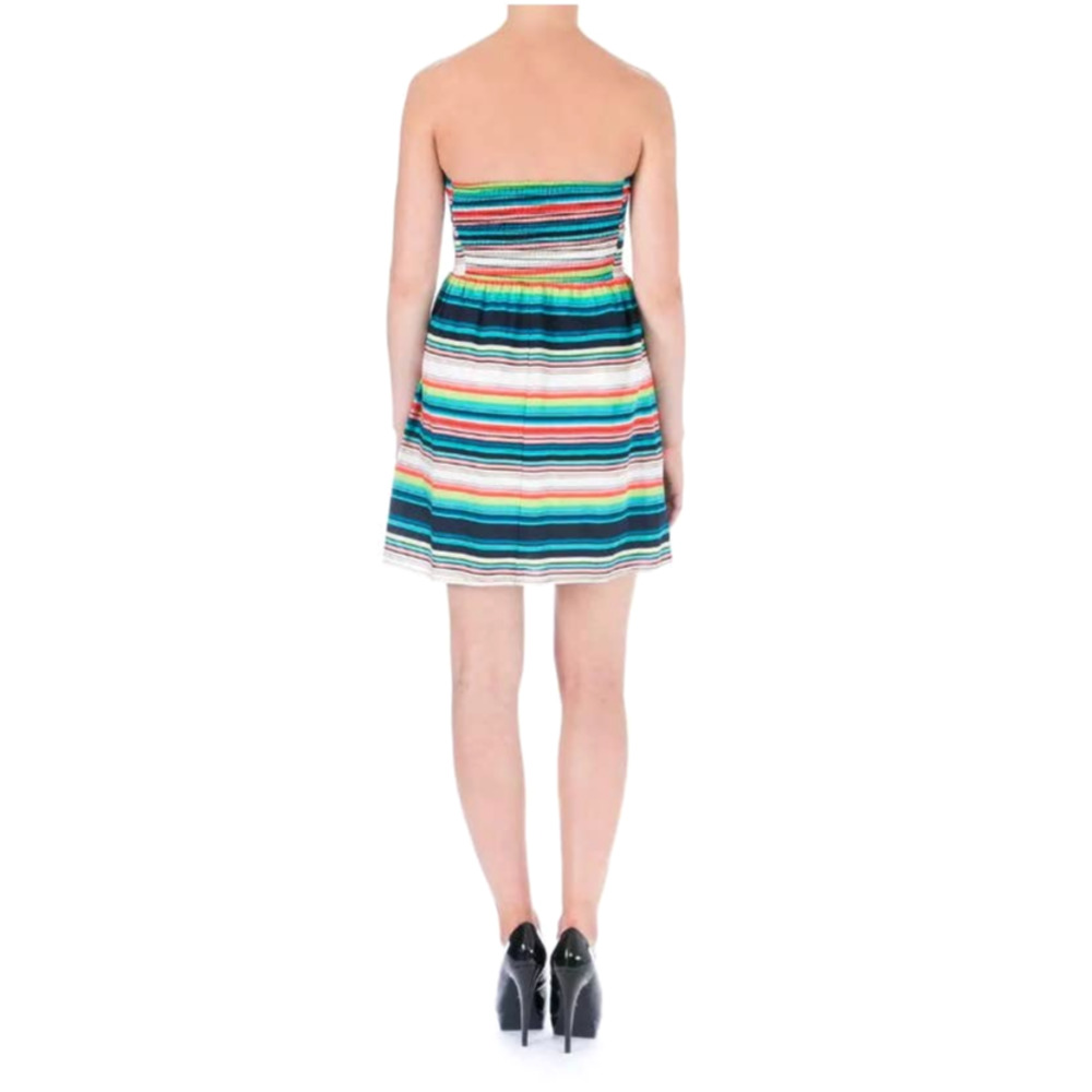 BeBop Smocked Strapless Casual Day Dress Colorful Striped White Cotton Sundress - Picture 3 of 9